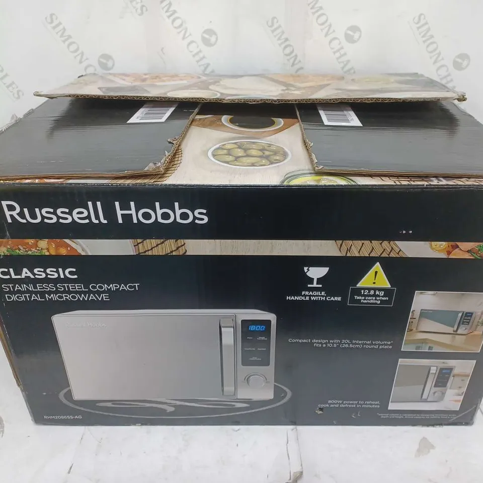 BOXED RUSSELL HOBBS CLASSIC STAINLESS STEEL COMPACT DIGITAL MICROWAVE