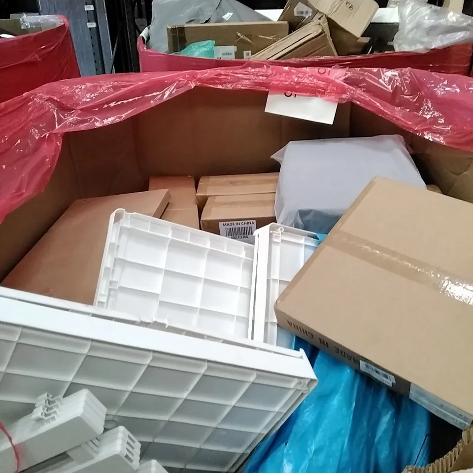 PALLET OF ASSORTED ITEMS TO INCLUDE: KEPLIN 5 TIER SHOE RACKS, COOKER HOOD, SUITCASE, MAT, LED CEILING LIGHT, FLOOR TV STAND, TOOL BACKPACK ECT