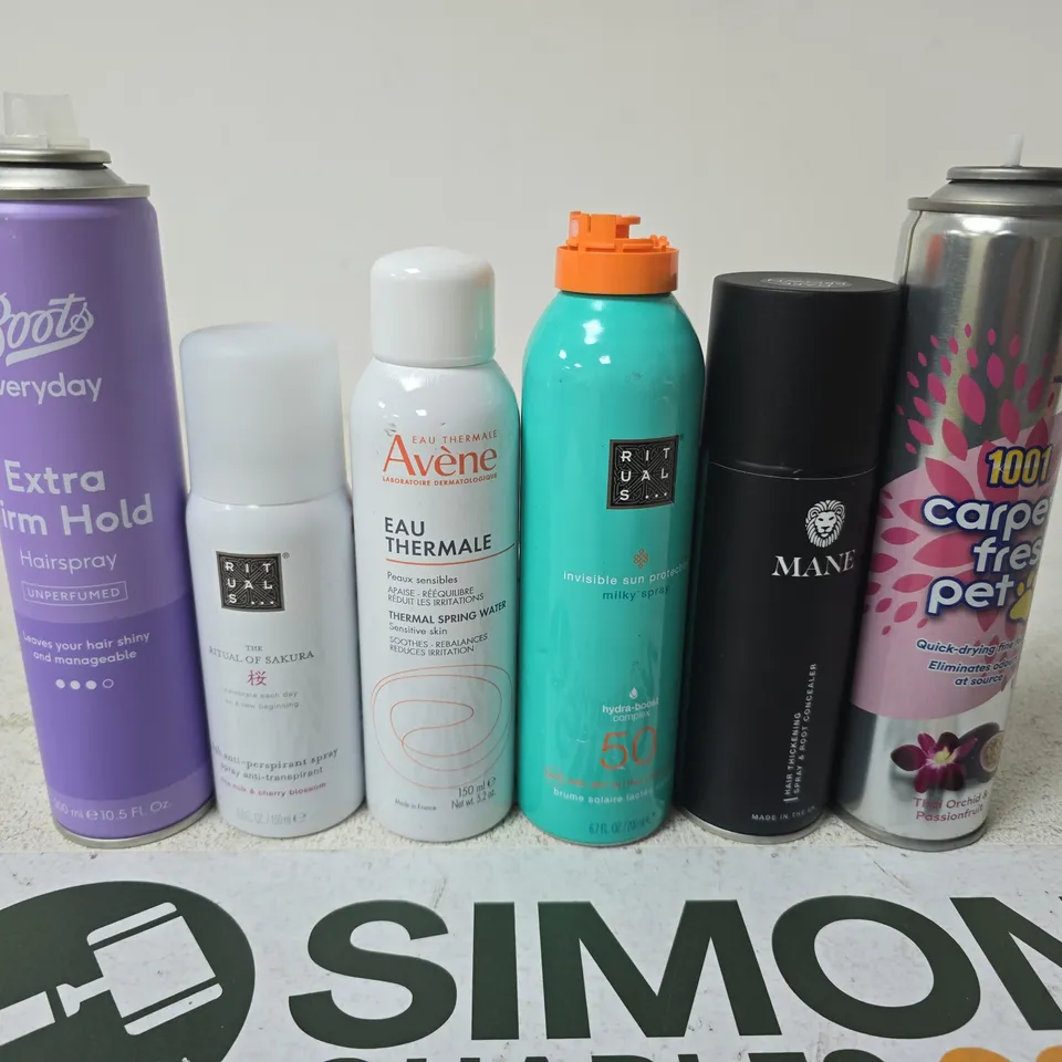 APPROXIMATELY 15 ASSORTED AEROSOLS TO INCLUDE CARPET SPRAY , RITUALS AND MANE 