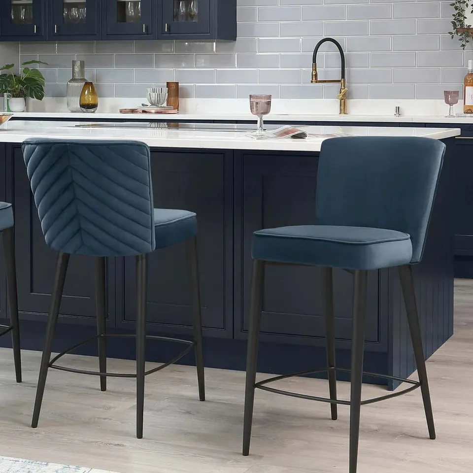 BOXED DANETTI SERENA DARK BLUE VELVET BAR STOOL (1 BOX)