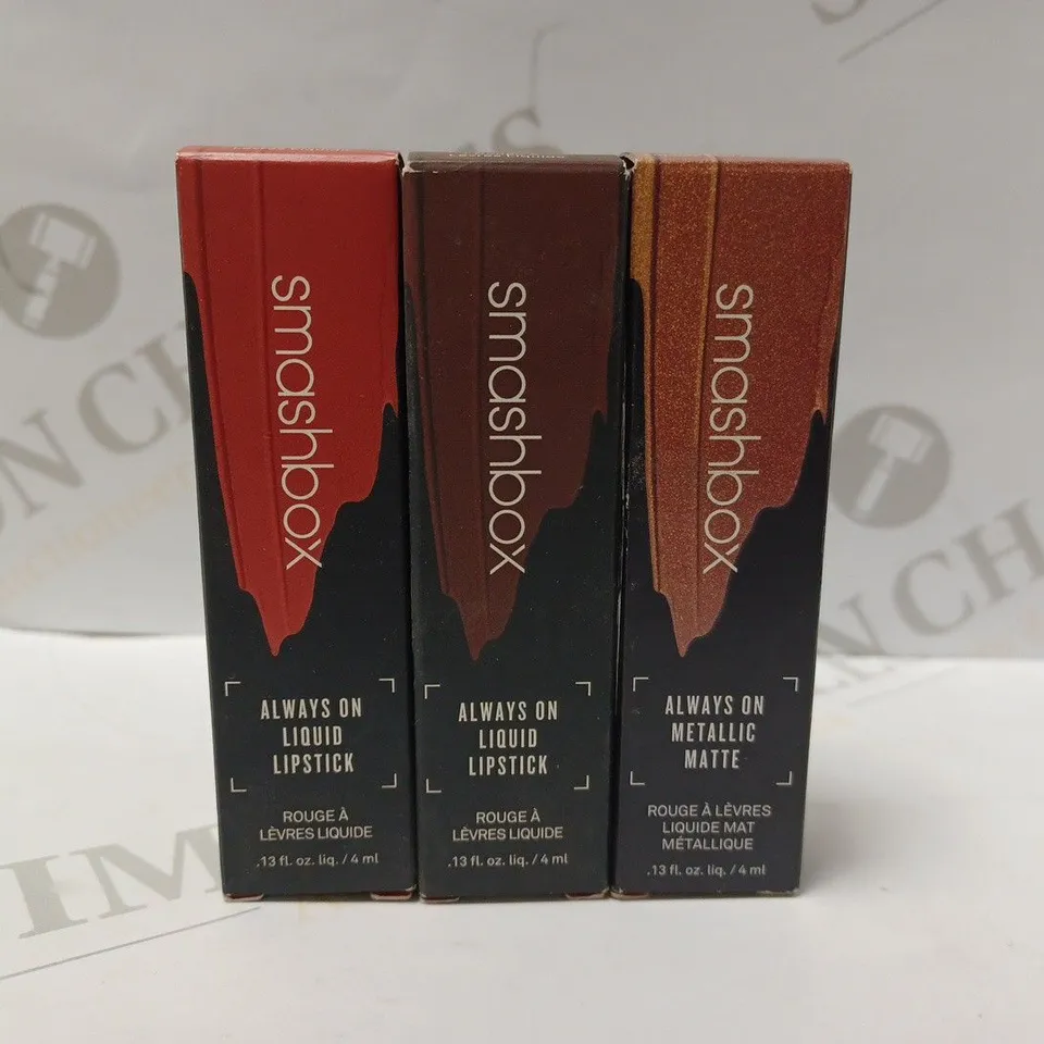 LOT OF 3 SMASHBOX ALWAYS ON LIPSTICKS TO INCLUDE BAJA BOUND, TRUE GRIT, XO VLADA