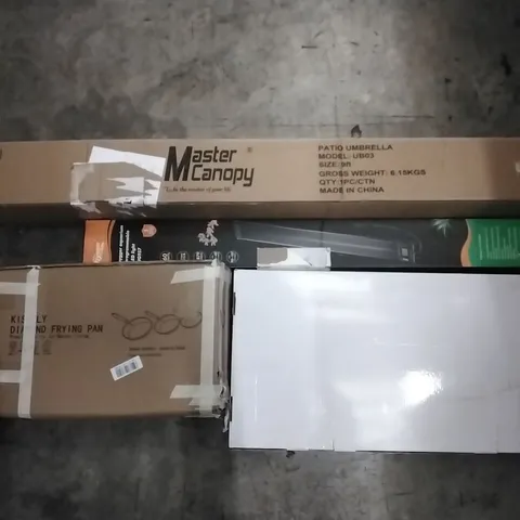 PALLET OF HOUSEHOLD ITEMS TO INCLUDE DIAMOND FRYING PAN SET, PATIO UMBRELLA, AQUARIUM LED LIGHTS ECT