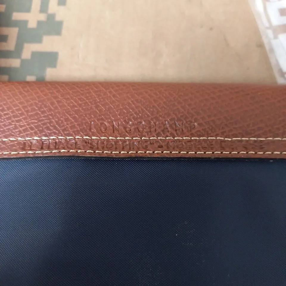 LONGCHAMP NAVY CANVAS HANDBAG WITH BROWN LEATHER TRIM