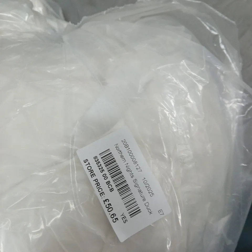 NORTHERN NIGHTS SIGNATURE DUCK DOWN DUVET – WHITE, PACKAGED AND ASSORTED QUANTIY OF CLOTHING.