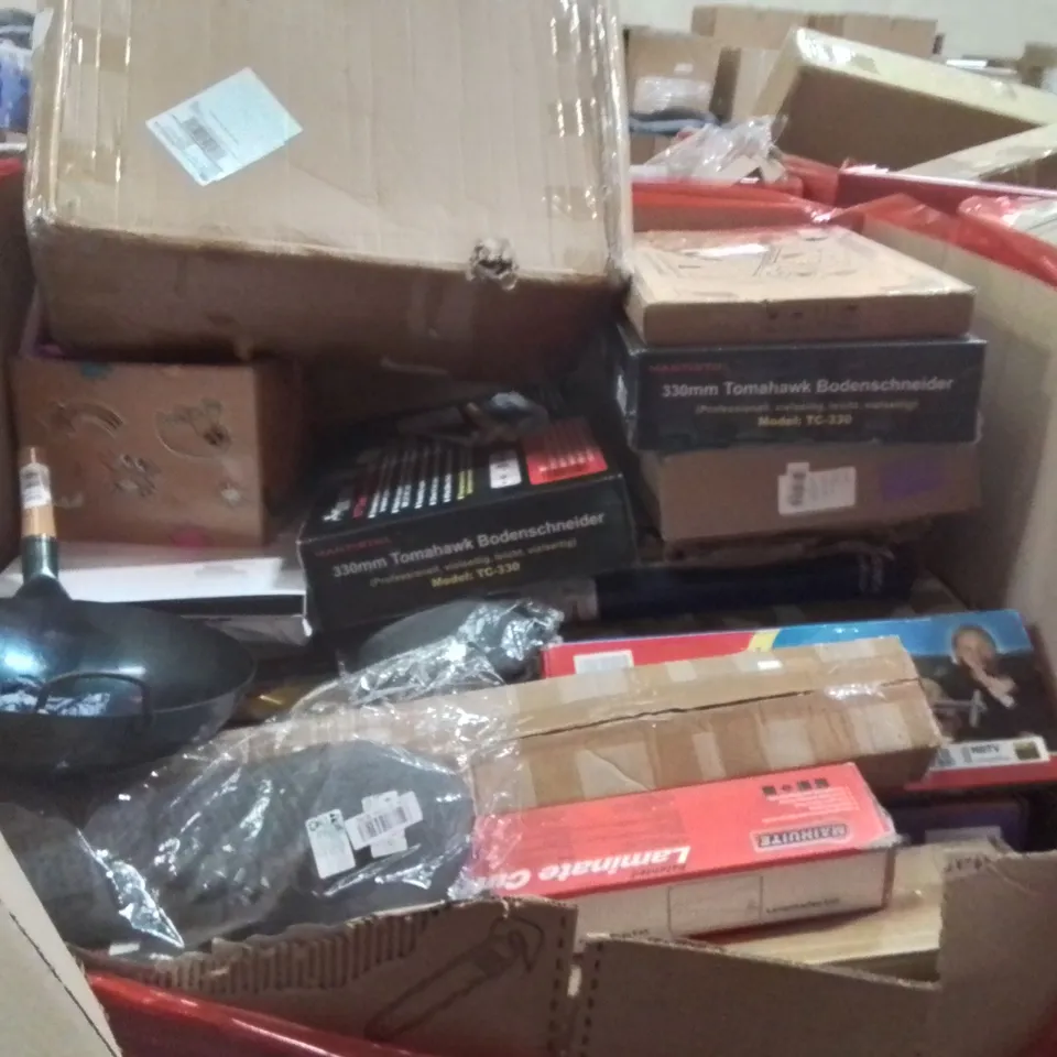 PALLET OF ASSORTED HOUSEHOLD GOODS AND PRODUCTS TO INCLUDE;FLOOR CUTTER,TURNTABLE SYSTEM,TV WALL MOUNT BRACKET 