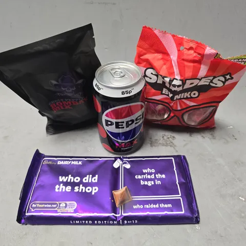 APPROXIMATELY 12 ASSORTED FOOD & DRINK ITEMS TO INCLUDE - CADBURYS CHOCOLATE BAR , SHADES BY NIKO STRAIGHT UP STRAWBERRY , PEPSI MAX CHERRY ETC