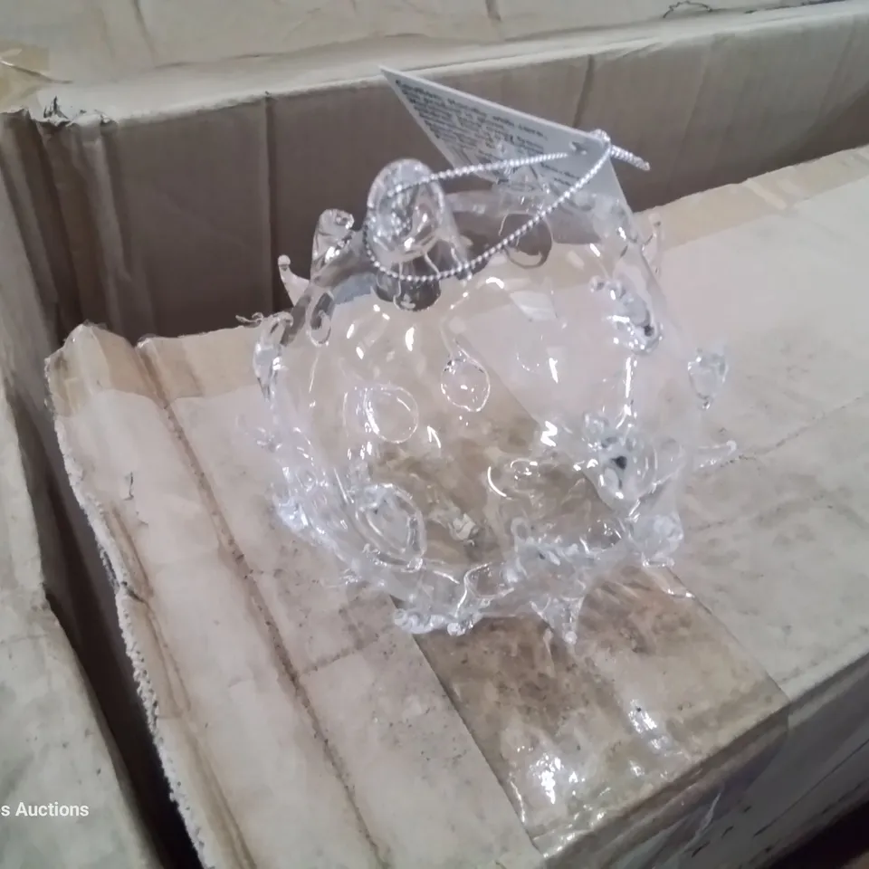 BOX OF CHRISTMAS DECORATIONS, FREE STANDING STOCKING & 4 BOXES OF 4 CLEAR GLASS BAUBLES