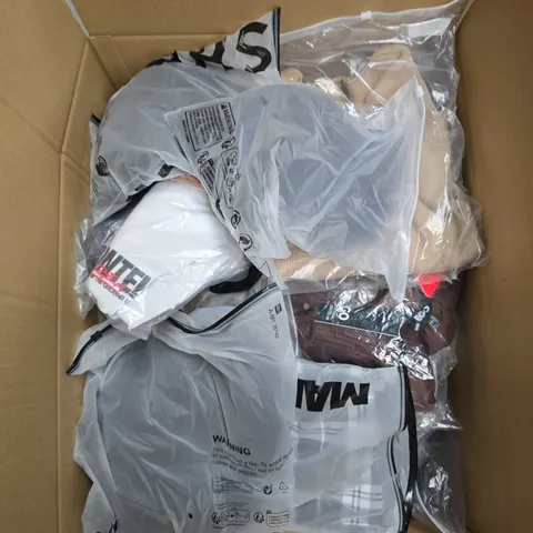 LARGE BOX OF APPROXIMATELY 25 ASSORTED CLOTHING ITEMS IN VARIOUS COLOURS, STYLES AND SIZES - COLLECTION ONLY