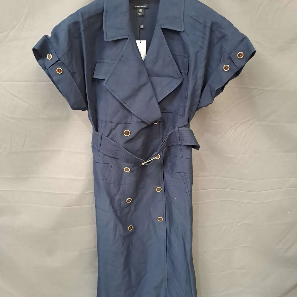 KAREN MILLEN FLUID TAILORED DOUBLE BREASTED BELTED MIDI SHIRT DRESS IN NAVY SIZE 8
