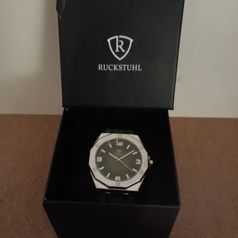 RUCKSTUHL SILVER COLOUR WRISTWATCH WITH GREEN RUBBER STRAP & DIAL