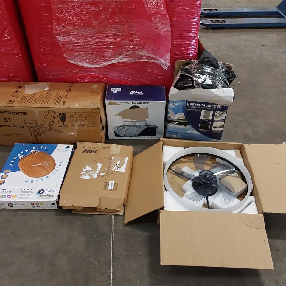 PALLET OF ASSORTED CONSUMER GOODS AND FURNITURE PRODUCTS TO INCLUDE; CITYSPORTS S1 DUMBBELL BENCH, PREMIUM AIR BEDS, LED CEILING FAN LIGHT, TOILET SEATS ECT.