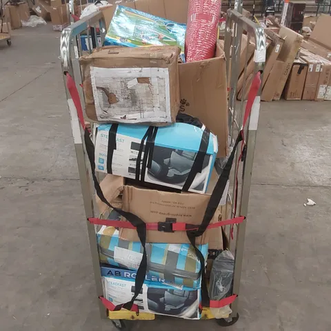 CAGE OF ASSORTED CONSUMER PRODUCTS/FURNITURE PARTS INCLUDING: YOGA MAT, SWIMMING POOL, PET CAR SEATS ECT // CAGE NOT INCLUDED 