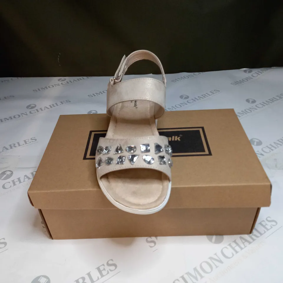 BOXED PAIR OF CUSHION WALK JEWELLED SANDALS IN GOLD - SIZE 6