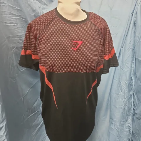 GYMSHARK MEN'S T‑SHIRT – BLACK/RED PATTERN, UK SIZE M