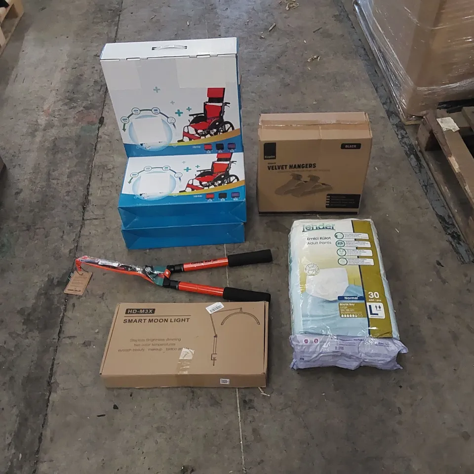 PALLET CONTAINING HOUSEHOLD AND CONSUMER PRODUCTS. INCLUDES MOON LIGHT, GARDEN TOOL, HANGERS, ADULT DIAPERS - LARGE, BOXED FURNITURE ETC 