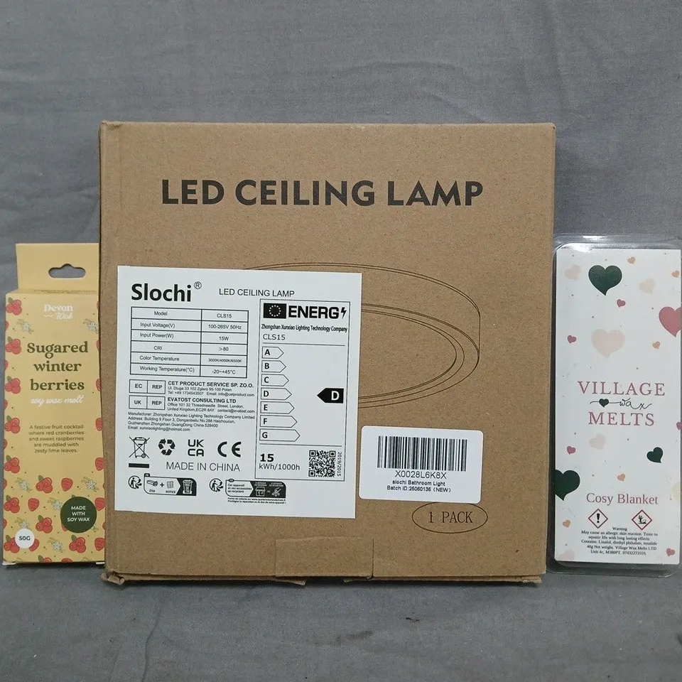 APPROXIMATELY 10 ASSORTED HOUSEHOLD ITEMS TO INCLUDE LED CEILING LAMP, WAX MELT, ETC