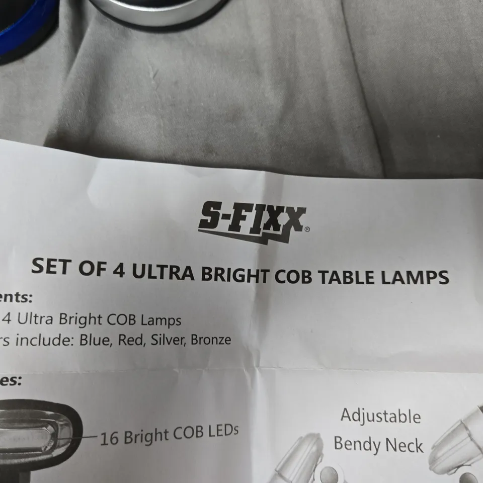 S-FIXX SET OF 4 ULTRA BRIGHT COB TABLE LAMPS – BRONZE, RED, BLUE & SILVER