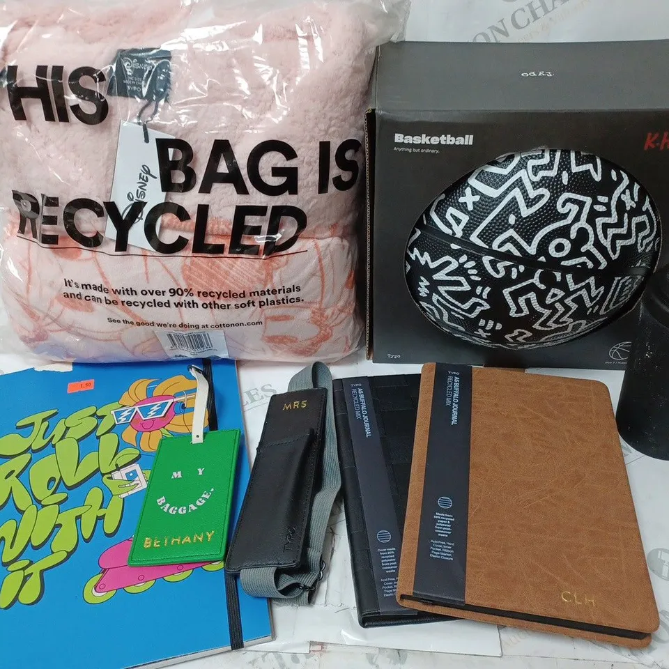 APPROXIMATELY 7 COTTON ON ITEMS INCLUDING BASKET BALL, THROW, NOTEBOOKS