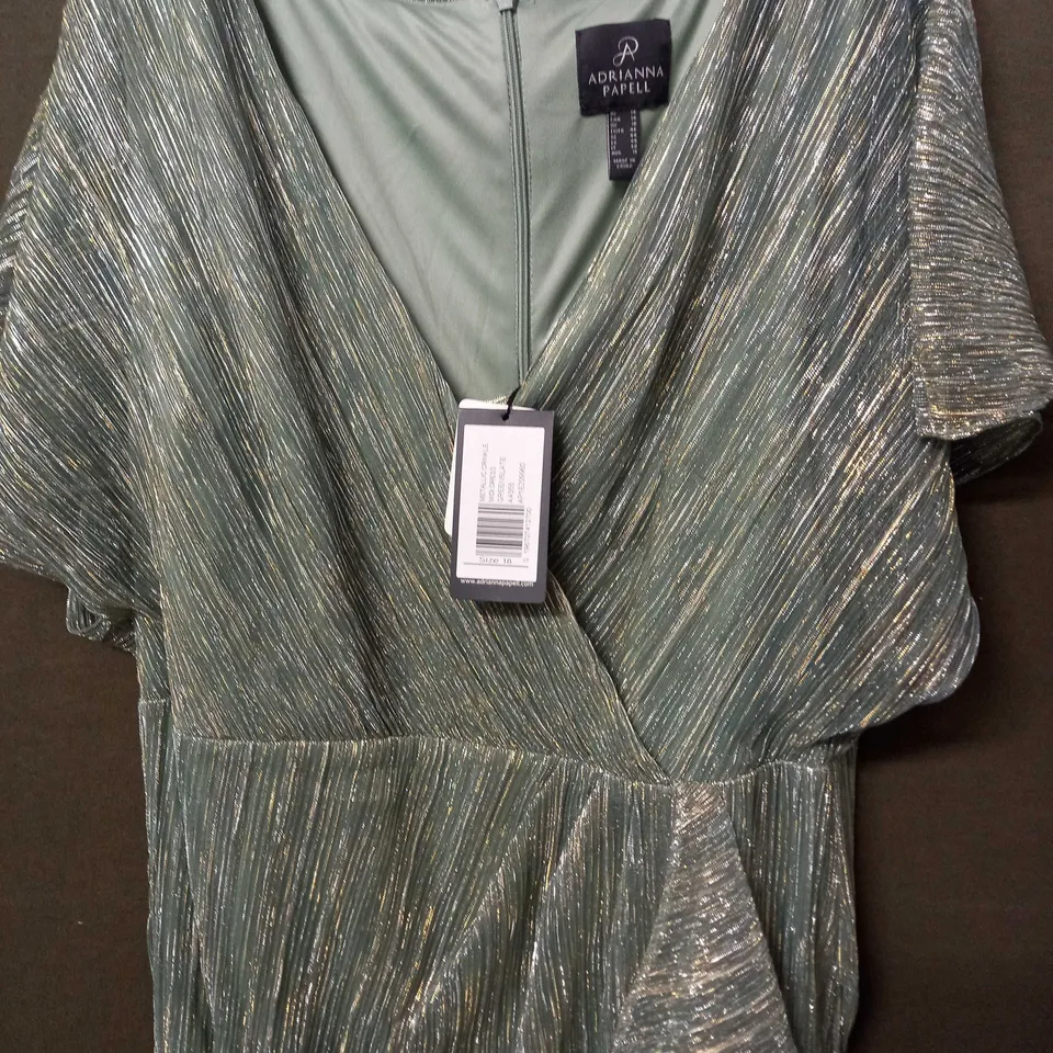 ARIANNA PAPELL METALLIC CRINKLE MIDI DRESS IN GREENSLATE - SIZE 18