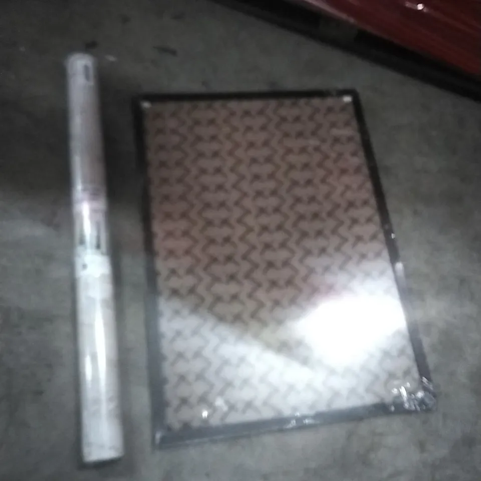 PALLET OF ASSORTED ITEMS INCLUDING- WALL PICTURE FRAME, WRAPPING VINYL 