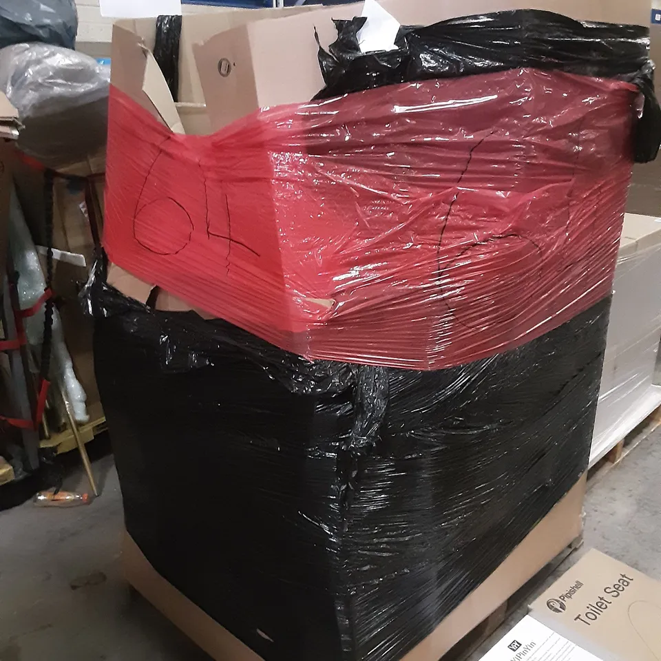 PALLET OF ASSORTED PRODUCTS INCLUDING PIPISHELL TOILET SEAT, BRIAN&DANY STORAGE OTTOMAN, LAPTOP BED TABLE, LOLA TRAMPOLINE, AIR COOLER, TIMELIKE WALL CLOAK