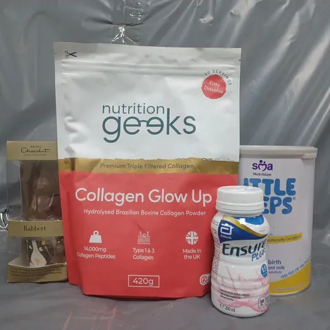 APPROXIMATELY 5 ASSORTED FOOD AND DRINK ITEMS TO INCLUDE LITTLE STEPS, NUTRITION GEEKS, ETC