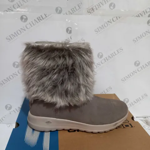 BOXED PAIR OF SKECHERS ON THE GO JOY MID SUEDE BOOTS, TAUPE - SIZE 8