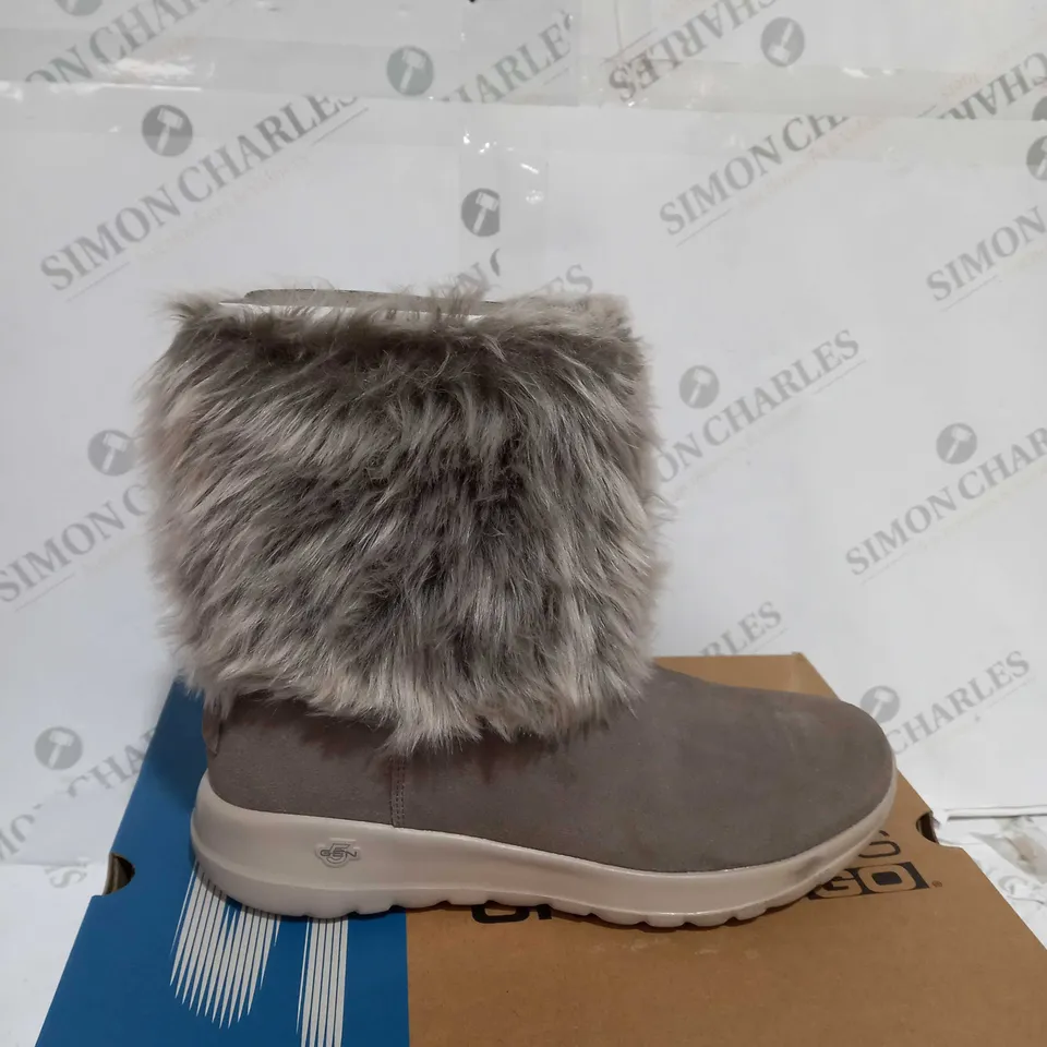 BOXED PAIR OF SKECHERS ON THE GO JOY MID SUEDE BOOTS, TAUPE - SIZE 8
