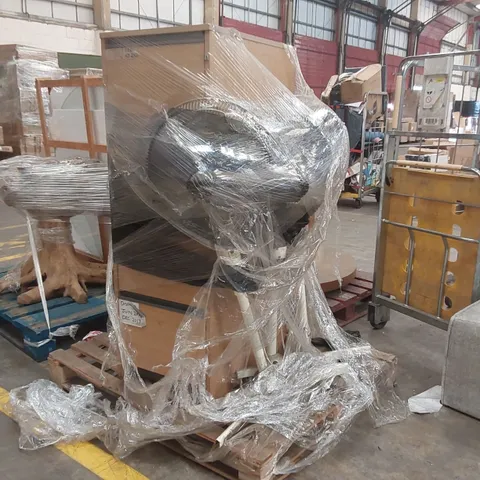 PALLET CONTAINING 1 WOODEN FILING CABINET AND 3 FANS