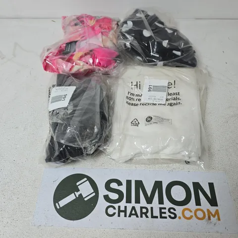 APPROXIMATELY 18 ASSORTED CLOTHING ITEMS IN VARIOUS SIZES, STYLES & SIZES TO INCLUDE WHITE LINEN TROUSERS, SOFT CUP BLACK BRA, PRINT FRILL MAXI DRESS, ETC - COLLECTION ONLY