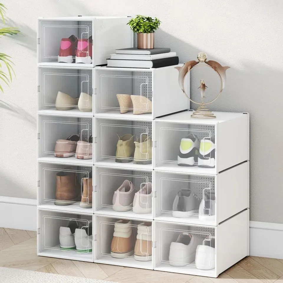 BOXED SHOE BOX, 12PCS STACKABLE SHOE CONTAINERS, 35.1 X 24.9 X 18.5CM