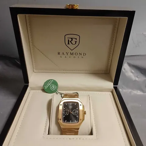 S RAYMOND GAUDIN WATCH – MULTI FUNCTION DIAL – STAINLESS CASE & STRAP – 5ATM WATER RESISTANT - WOODEN GIFT BOX