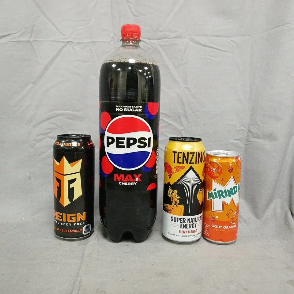 APPROXIMATELY 10 ASSORTED FOOD AND DRINK ITEMS TO INCLUDE PEPSI, REIGN, MIRINDA, ETC