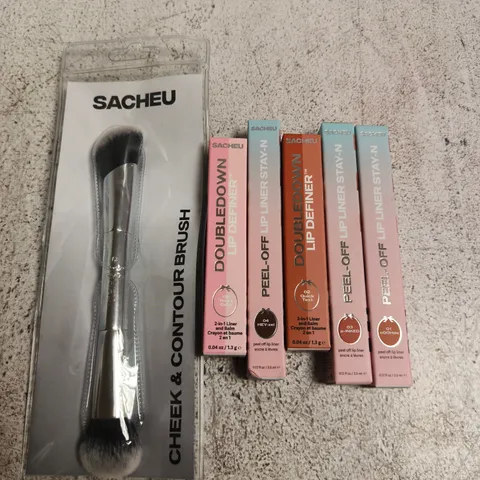 6 ASSORTED SACHEU PRODUCTS TO INCLUDE CONTOUR BRUSH & LIP LINERS