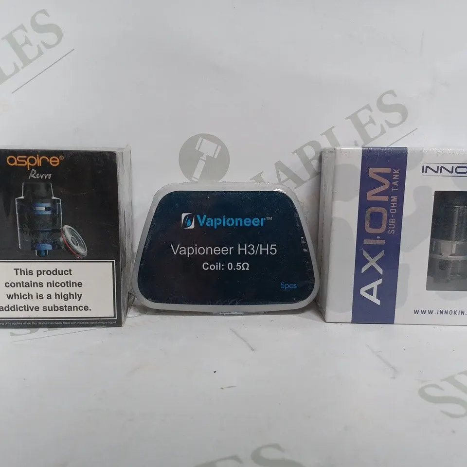 BOX OF APPROX 33 VAPE ACCESSORIES TO INCLUDE - AXIMON SUB TANK - VAPIONEER H3/H5 COIL 0.5 - ASPIRE REVVO TANK