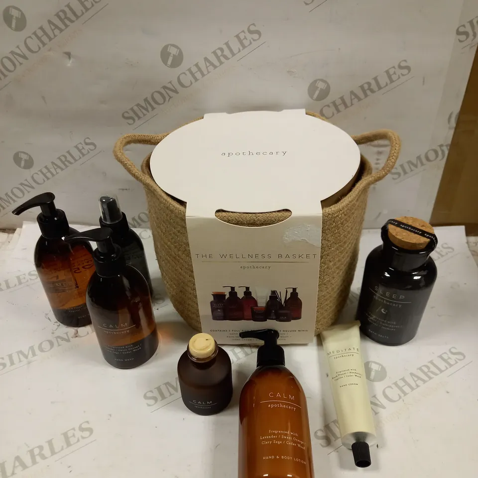 APOTHECARY WELLNESS BASKET GIFT SET TO INCLUDE BODY LOTION, BATH SALTS, HAND WASH ETC 