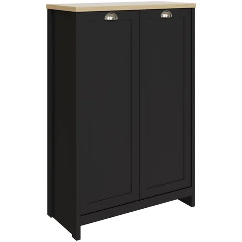 BOXED GFW LANCASTER 2 DOOR BLACK AND OAK TALL SHOE CABINET (2 BOXES)