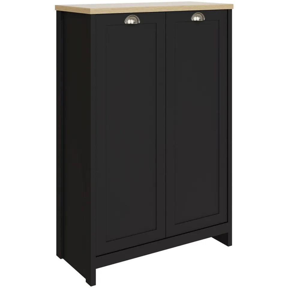 BOXED GFW LANCASTER 2 DOOR BLACK AND OAK TALL SHOE CABINET (2 BOXES)
