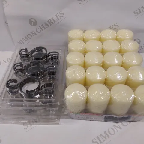 9 BRAND NEW ITEMS TO INCLUDE: 4 PACKS OF SHOWER CURTAIN HOOKS, 5 PACKS OF BOLSIUS CANDLES