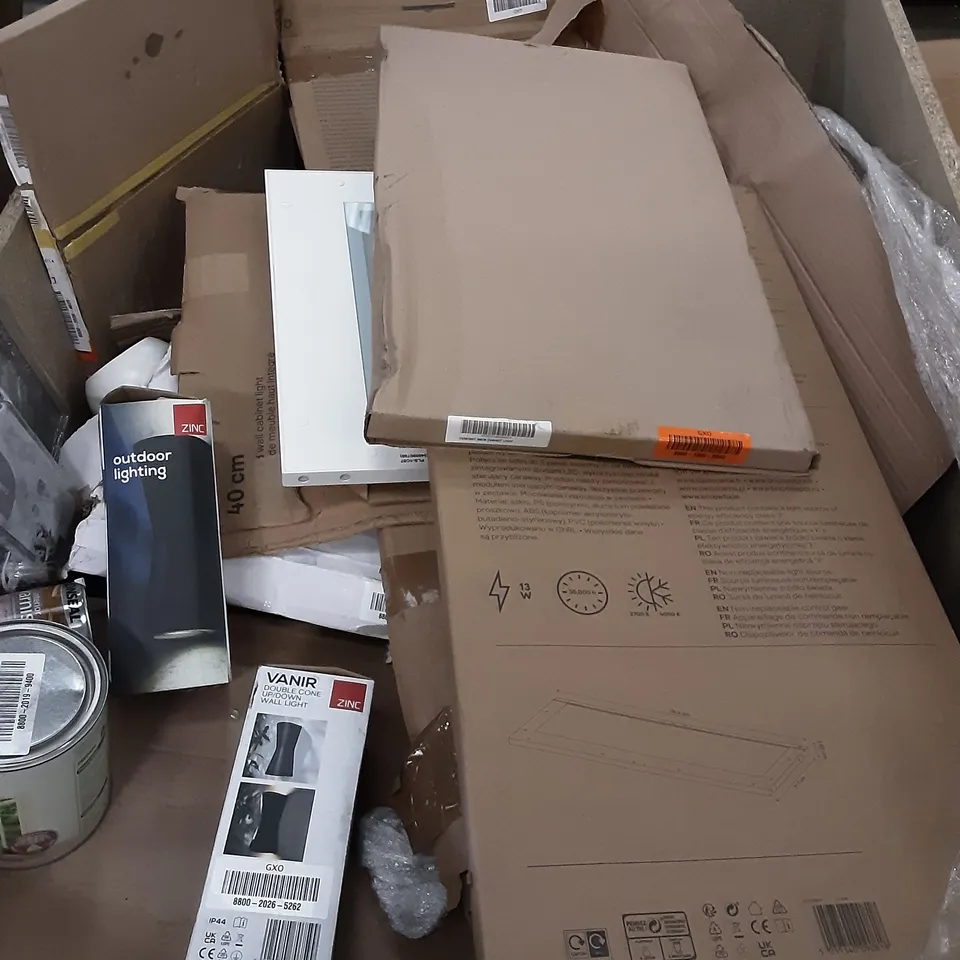 PALLET OF ASSORTED ITEMS   INCLUDING , WALL CABINET LIGHT , DOUBLE CONE WALL LIGHT,  OUTDOOR PAINT , VARNISH , DOOR STEP PAINT 