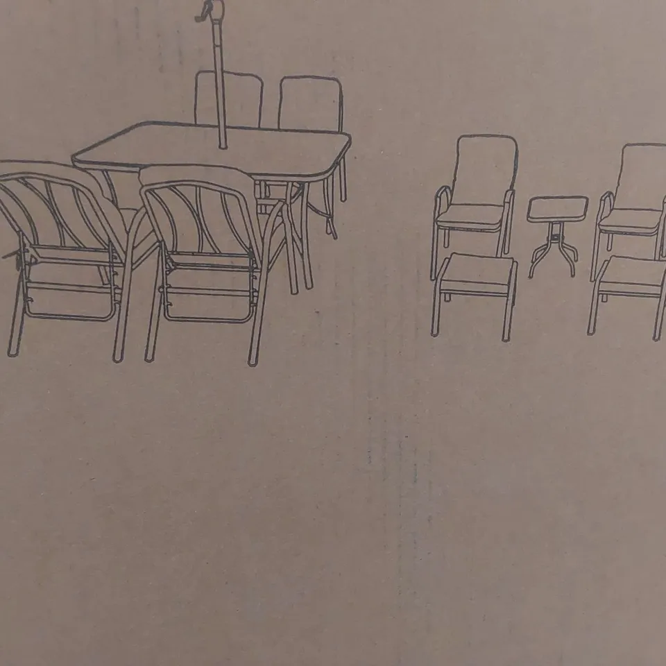 BOXED SEVILLE GARDEN SET OF 6 CHAIRS, 2 STOOLS, 1 SIDE TABLE - NO DINING TABLE OR PARASOL (2 BOXES)