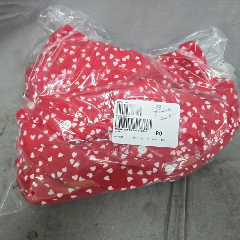 BAGGED APRICOT MINI ROUND BUTTON HEART-PRINT MIDI DRESS IN RED SIZE MEDIUM