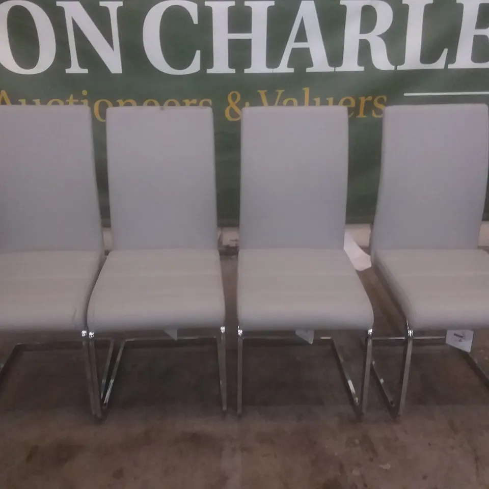 SET OF 4 PERTH LIGHT GREY LEATHER DINING CHAIRS (CHROME LEG)