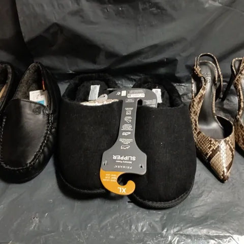 BOX OF APPROXIMATELY 15 ASSORTED PAIRS OF SHOES AND FOOTWEAR ITEMS IN VARIOUS COLOURS, STYLES, AND SIZES - COLLECTION ONLY