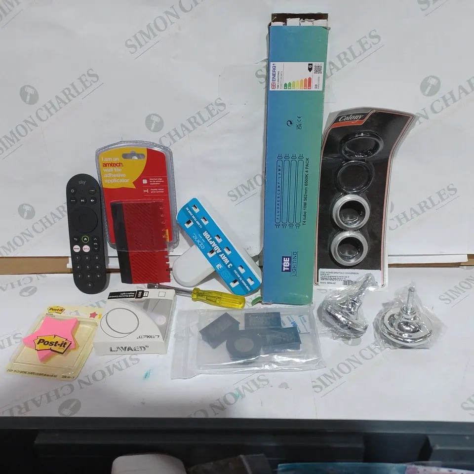 BOX TO CONTAIN APPROXIMATELY 30 ASSORTED HOME IMPROVEMENT PRODUCTS, INCLUDES PLUGS, LABELS & SKY REMOTE 
