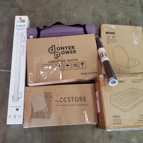 PALLET OF ASSORTED PRODUCTS INCLUDING NON WOVEN FABRIC WARDROBE, RAISED AIR BED, TOILET SEAT, CONVECTOR HEATER, YOGA MAT, RETRACTABLE SAFETY GATE