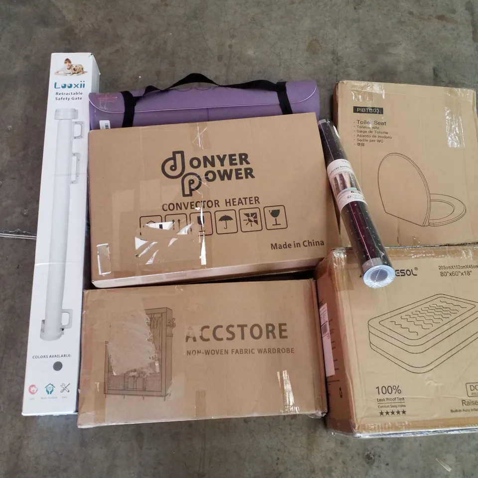 PALLET OF ASSORTED PRODUCTS INCLUDING NON WOVEN FABRIC WARDROBE, RAISED AIR BED, TOILET SEAT, CONVECTOR HEATER, YOGA MAT, RETRACTABLE SAFETY GATE