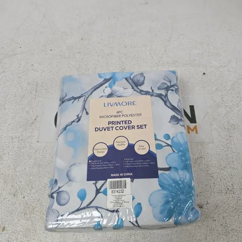 LIVMORE PRINTED DUVET COVER SET – 4PC MICROFIBER POLYESTER, FLORAL BLUE