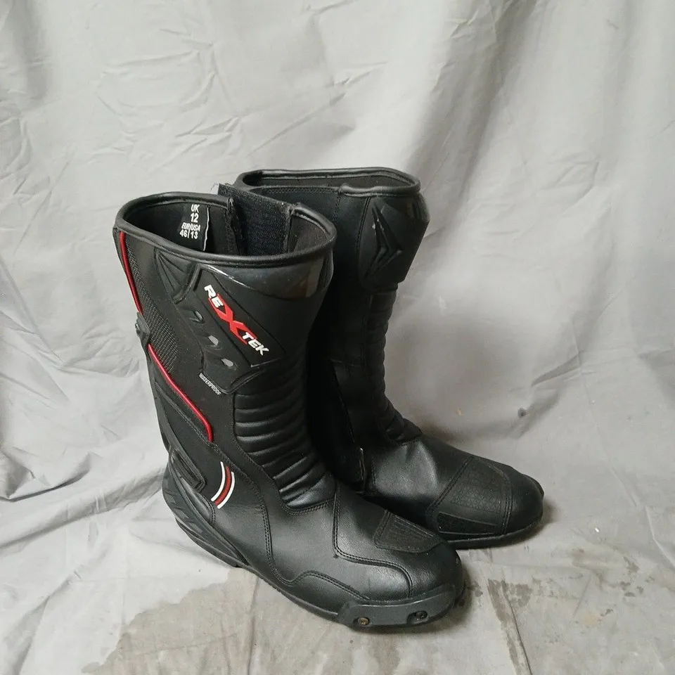 REX TEK MOTORCYCLE BOOTS, BLACK, UK 12 (PAIR) – WATERPROOF 