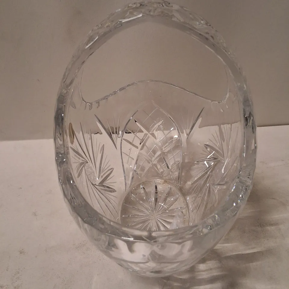 CRYSTAL GLASS DECORATIVE BOWL WITH ARCHED HANDLE, CUT PATTERN